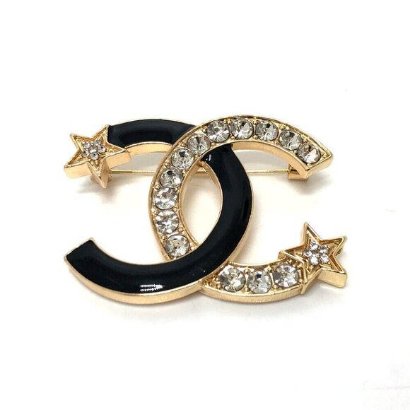 CHANEL CC CC Mark Star Rhinestone Accessory Jewelry Brooch Metal Gold/Black